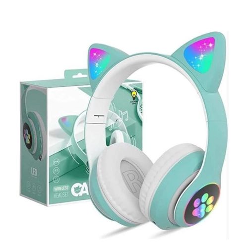 Casque Bluetooth Sans Fil Oreilles de Chat LED RGB – Design Kawaii Vert Menthe