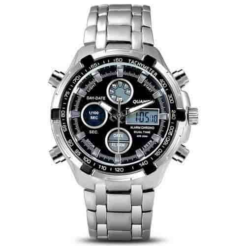 Montre Homme Quamer Chronographe Multi-Fonctions – Bracelet Acier Inoxydable, Dual Time