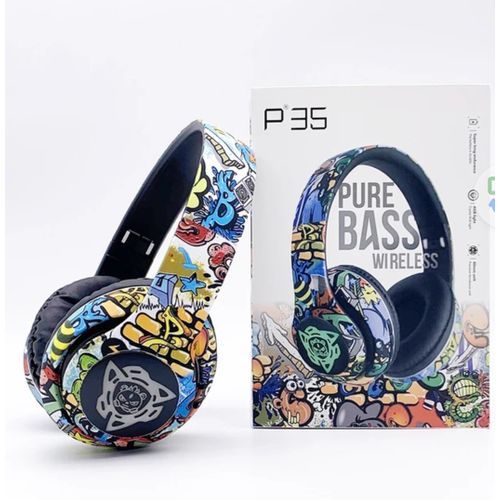 Casque Bluetooth P35 Pure Bass Sans Fil – Design Graffiti Coloré, Boîte d'Origine