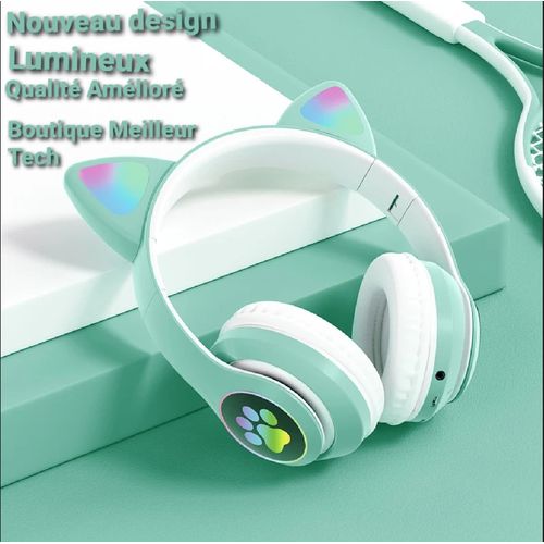 Casque Bluetooth Sans Fil Oreilles de Chat LED RGB – Design Kawaii Vert Menthe – Image 2