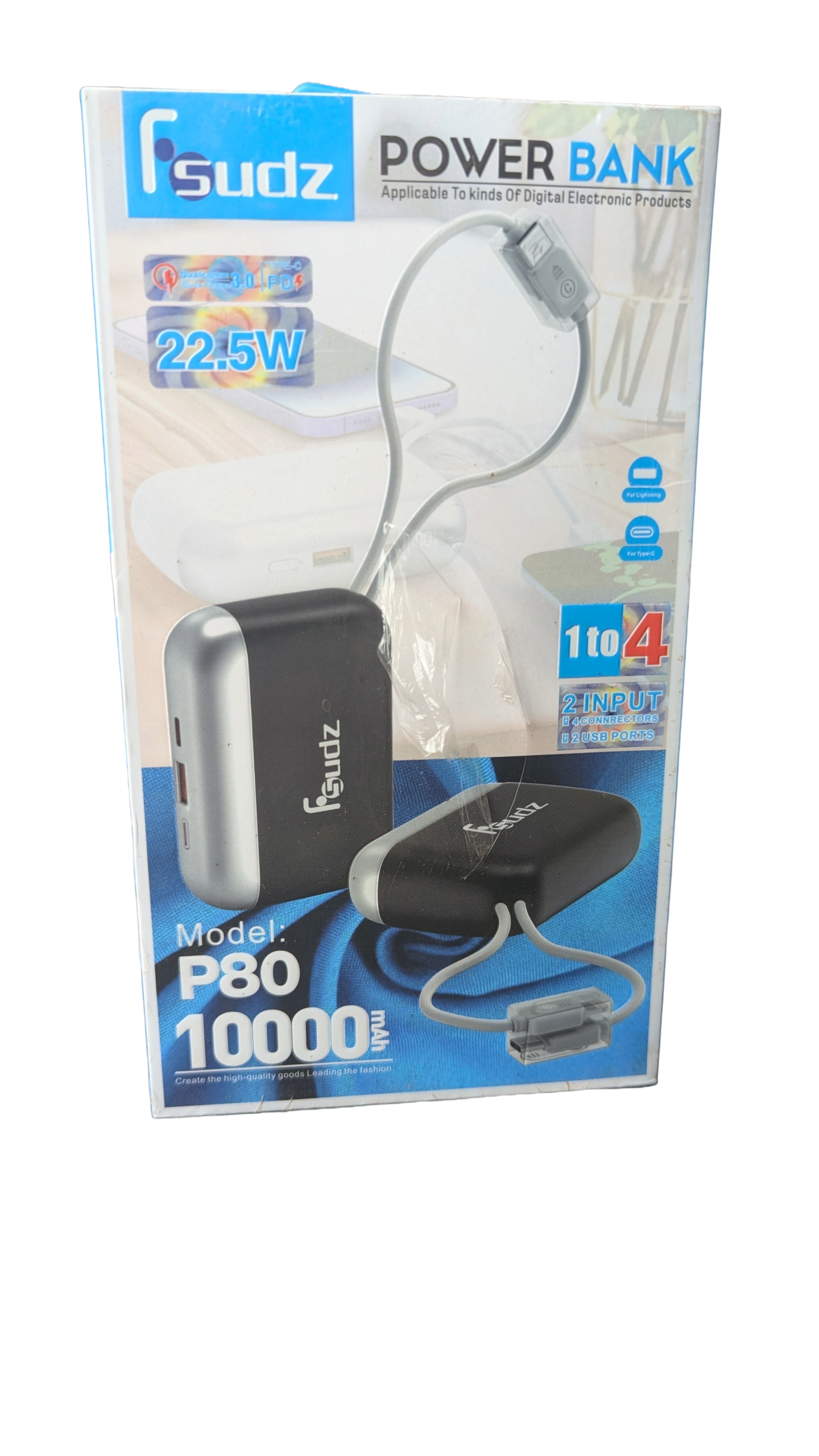 Batterie Externe Fsudz P80 10000mAh – 22.5W Charge Rapide avec Câbles Intégrés