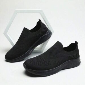 Baskets Homme Sans Lacet en Mesh Tricoté Noir – Semelle Épaisse, Style Sock Sneaker