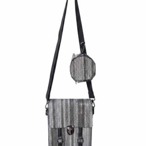 Sacoche Bandoulière Homme Effet Tressé Argenté – Fermoir Métallique, Pochette Ronde Assortie