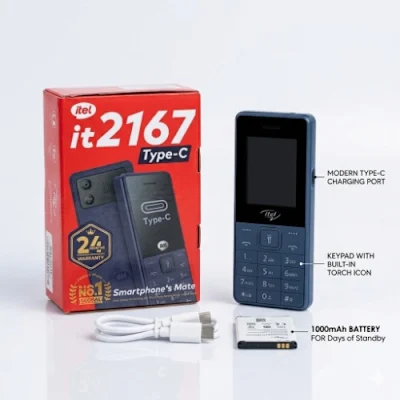 Téléphone itel it2167 – Charge Type-C, Batterie 1000mAh, Touche Torche Intégrée