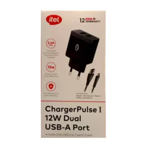 Chargeur itel ChargerPulse I 12W – Port Type-C, Charge Rapide 2.4A avec Câble Type-C Inclus