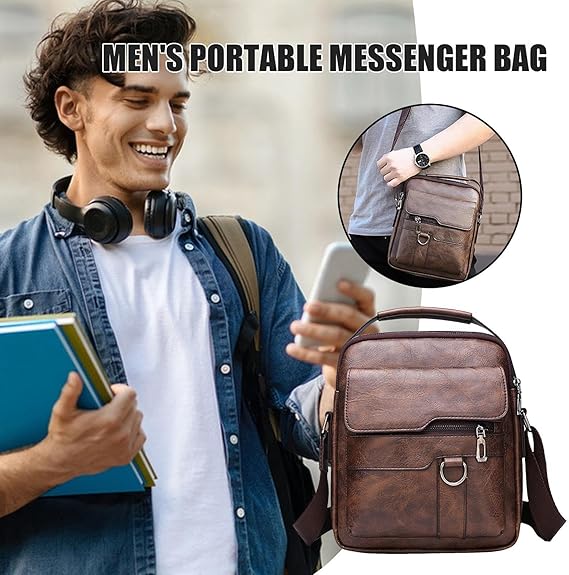 Sac Bandoulière Homme Style Vintage en Similicuir Marron - Compact et Polyvalent – Image 2