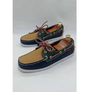 GEOGRA Chaussures Bateau Homme en Cuir Tricolore – Camel/Vert/Bleu Marine, Semelle Blanche