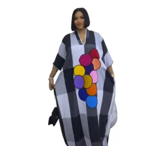 Robe Longue Ample Femme Style Boubou – Rayures Noir/Gris/Blanc, Motif Pois Multicolores