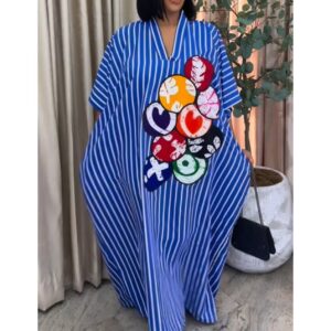 Robe Longue Ample Femme Style Boubou – Rayures Bleu et Blanc, Motif Pois Multicolores