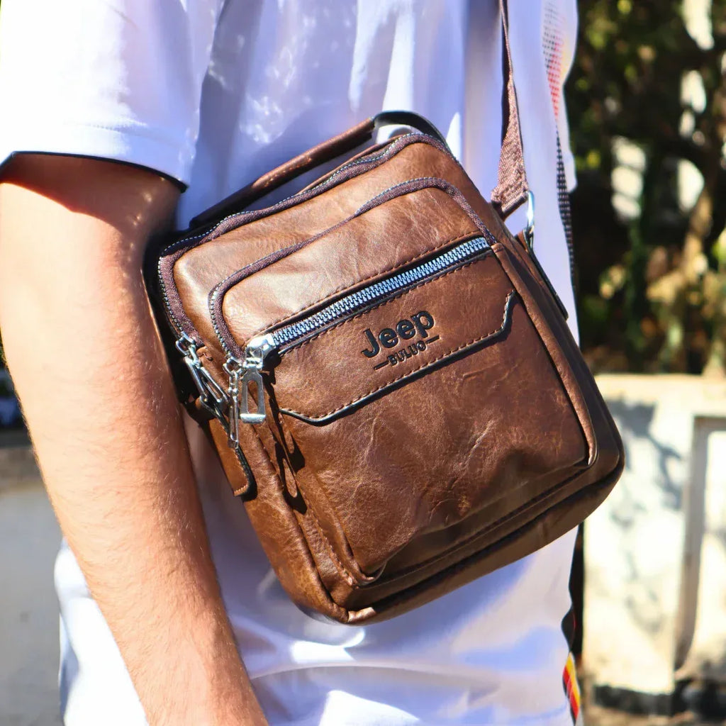 Sacoche Bandoulière Homme Jeep Buluo – Cuir Texturé Marron, Multi-Poches Zippées