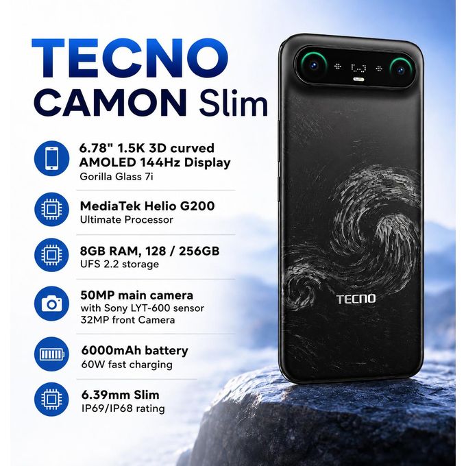 TECNO Camon .Slim – Ultra-Fin 6.39mm, Écran AMOLED 144Hz, 24 Go RAM, IP68/IP69 – Image 6