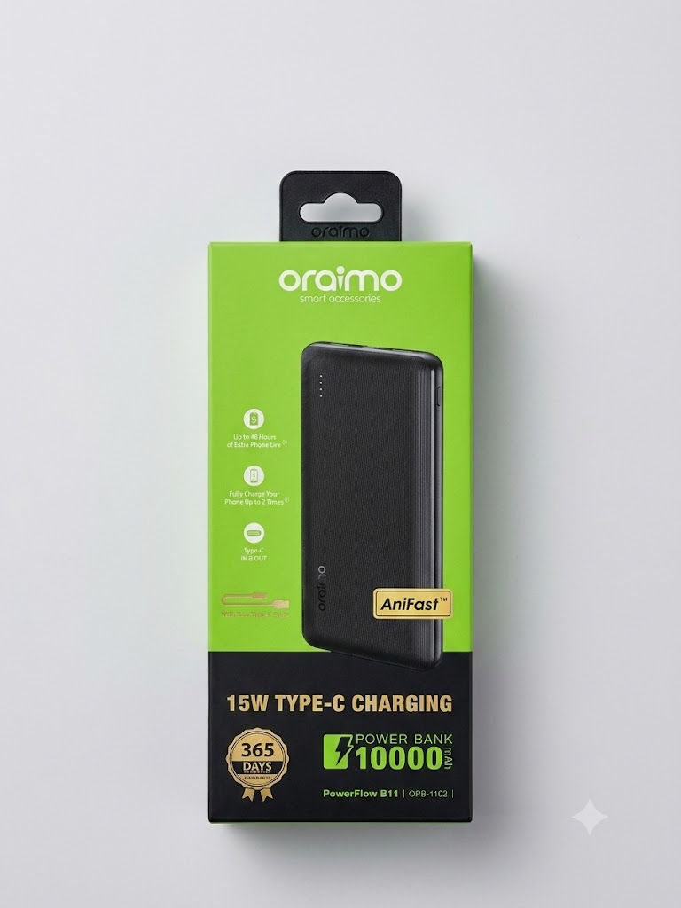 Batterie Externe 10000 mAh Oraimo PowerFlow B11 (OPB-1102) – Charge Rapide 15W,