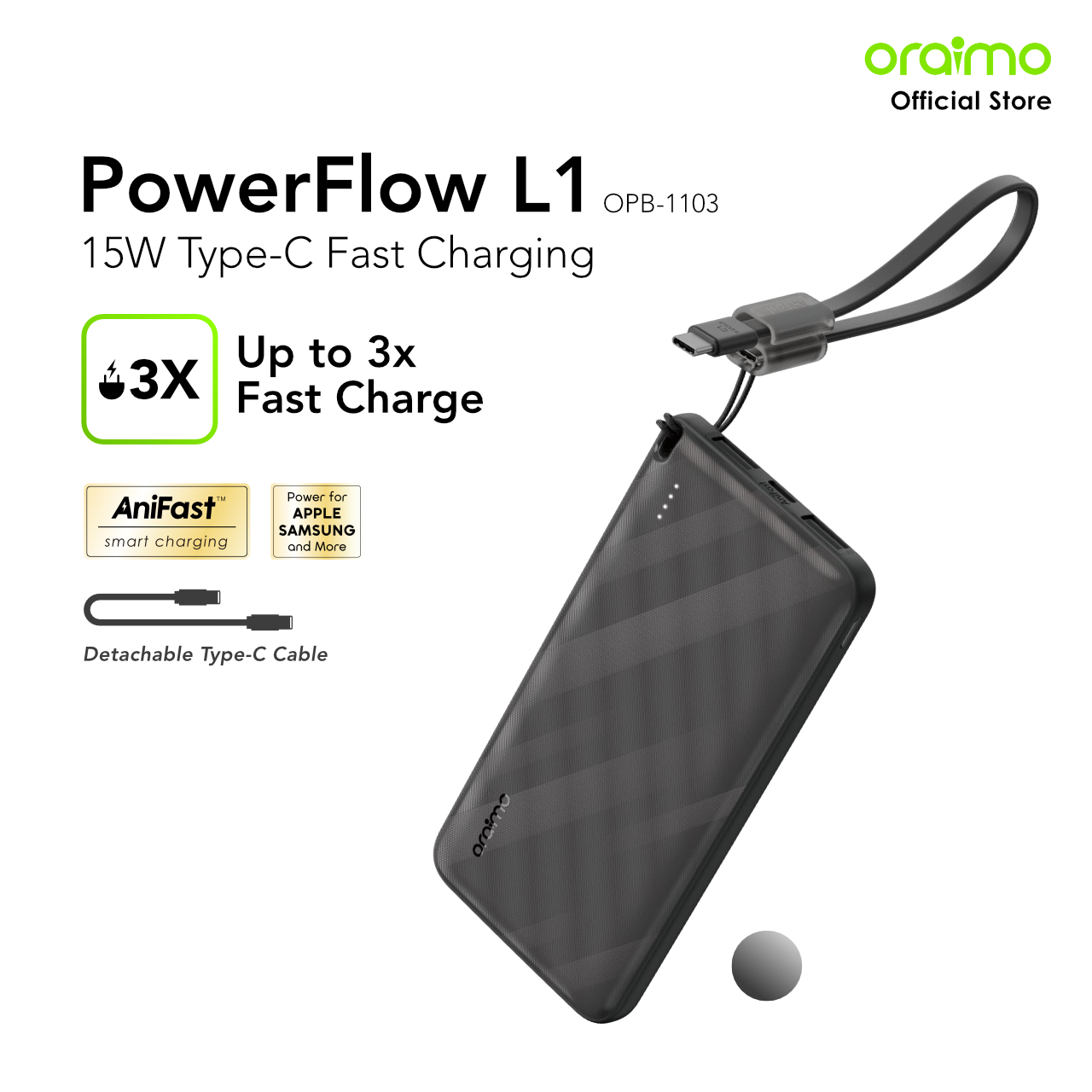 Batterie Externe 10000 mAh Oraimo PowerFlow L1 (OPB-1103) – Image 2