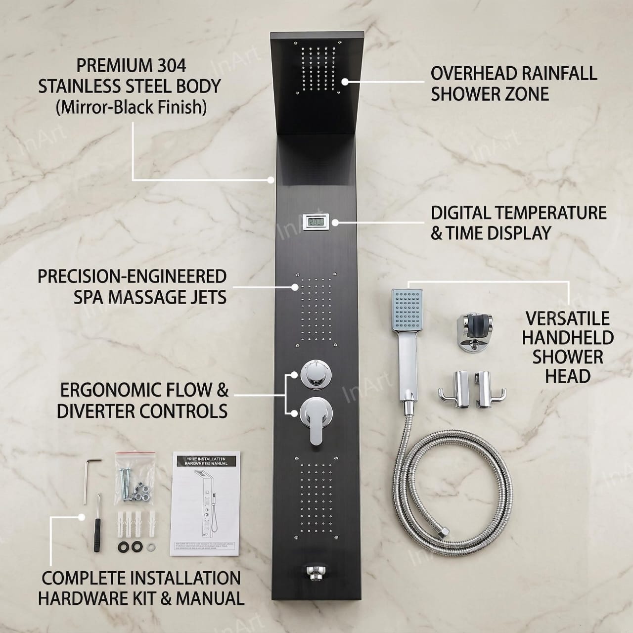 Colonne de Douche Hydromassante Noire – Acier Inoxydable 304, Affichage Numérique, Jets Spa et Douchette – Image 3