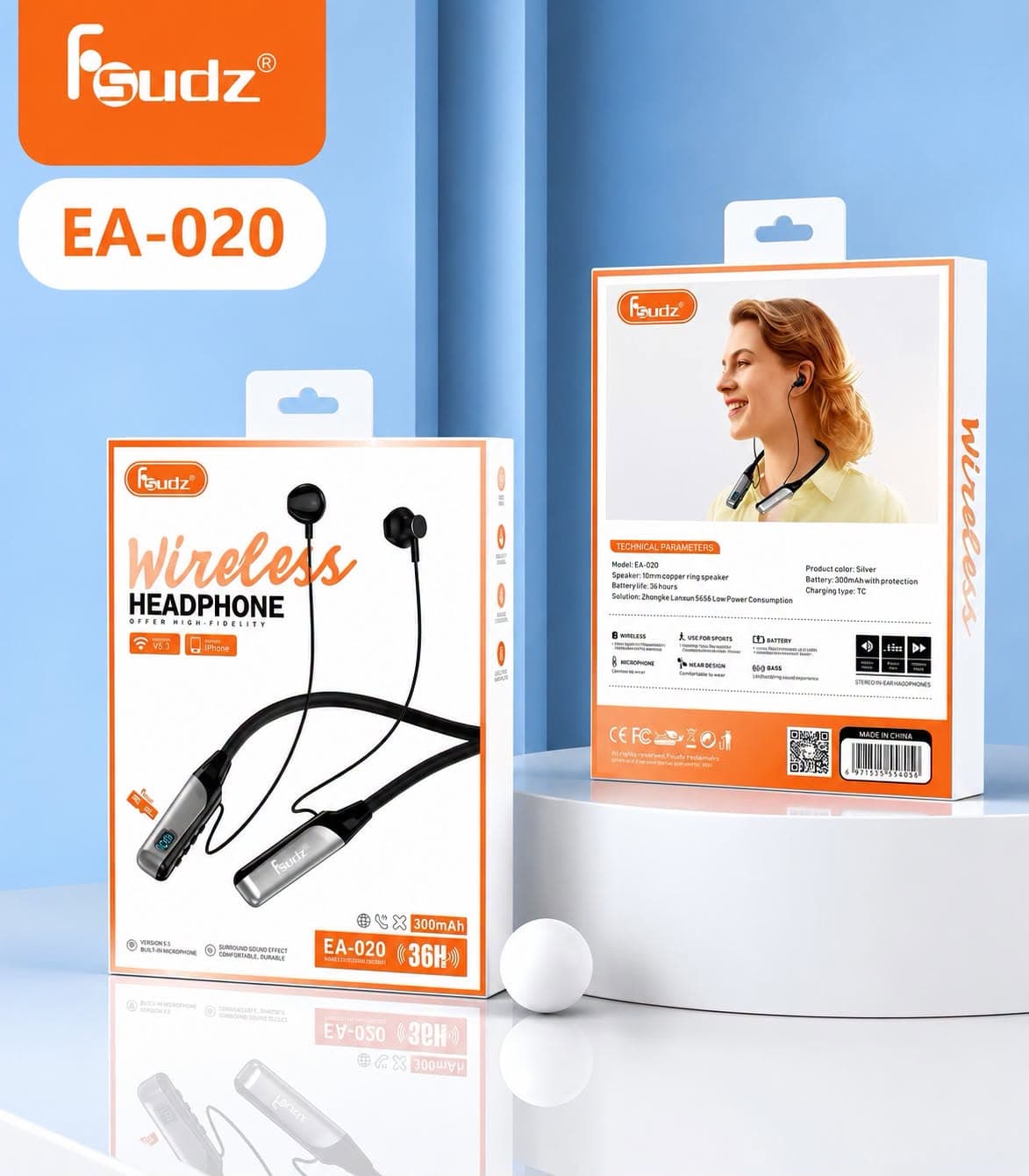 Écouteurs Tour de Cou Sans Fil Fsudz EA-020 – Bluetooth 5.3, Autonomie 36h, Affichage LED et Port Carte Mémoire