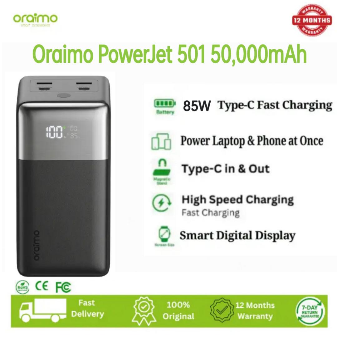 Batterie Externe Ultra-Puissante 50000 mAh Oraimo PowerJet 501 (OPB-750SQ) – Charge Ultra-Rapide 85W, Charge Simultanée PC et Téléphone