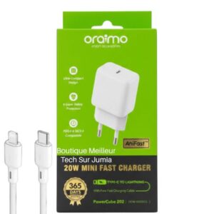 Chargeur Secteur Rapide 20W Oraimo PowerCube 202 (OCW-U302ECL) – Ultra-Compact, PD 3.0 & QC 3.0 avec Câble Type-C vers Lightning Offert
