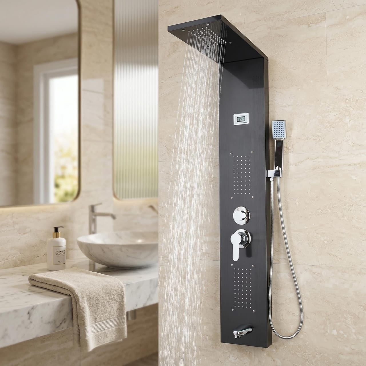 Colonne de Douche Hydromassante Noire – Acier Inoxydable 304, Affichage Numérique, Jets Spa et Douchette – Image 2