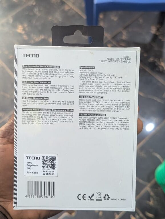 Écouteurs Sans Fil TECNO True 1 TWS – Réduction de Bruit Adaptative ANC 42dB, Autonomie 45H, 6 Micros ENC – Image 3