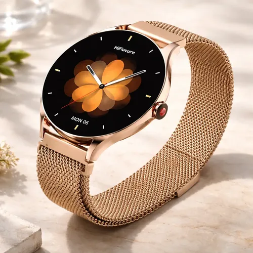 Montre Connectée HiFuture Aura 2 – Écran AMOLED 1,32" Sphere, Appels Sans Fil et Design Or Raffiné