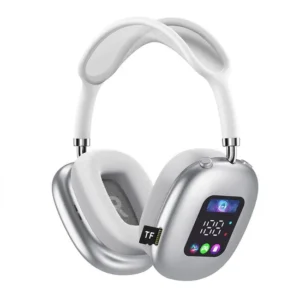 Casque Sans Fil Circum-Auriculaire Intelligent – Écran LED, Lecteur Carte TF, Design Argenté et Blanc
