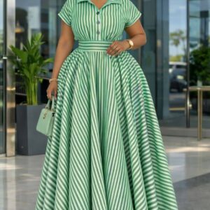 Robe Longue Plissée à Rayures et Col Chemisier – Style Élégant et Fluide, Coloris au Choix (Vert, Bleu, Rose)
