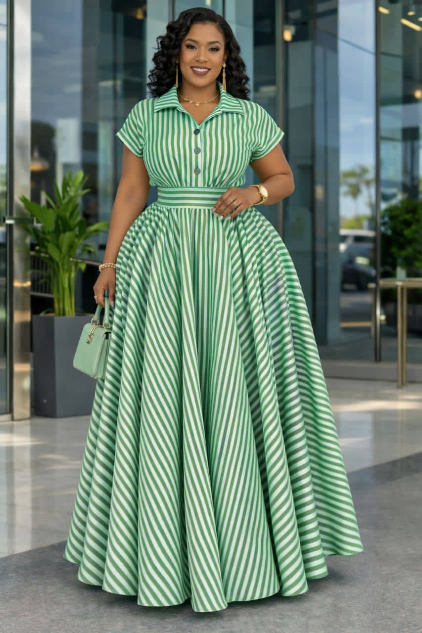 Robe Longue Plissée à Rayures et Col Chemisier – Style Élégant et Fluide, Coloris au Choix (Vert, Bleu, Rose)