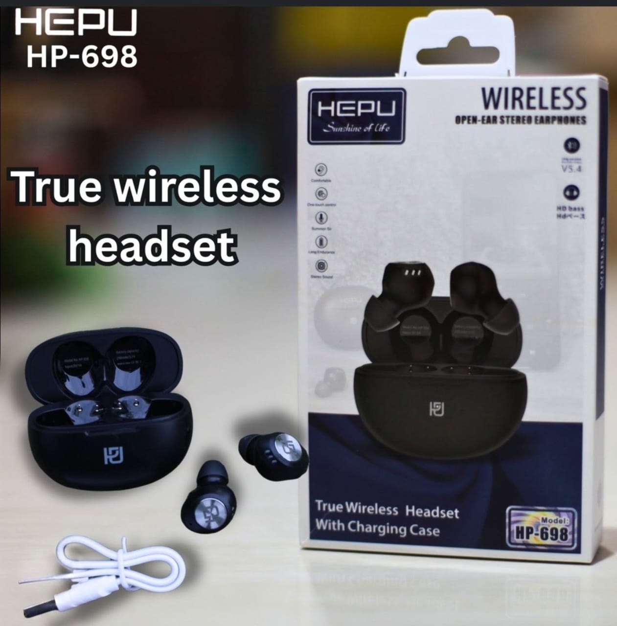 Écouteurs True Wireless HEPU HP-698 – Stéréo Open-Ear, Bluetooth V5.4, HD Bass et Boîtier de Charge – Image 2