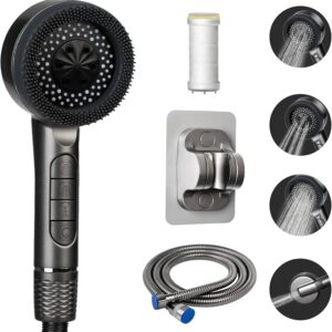Pommeau de Douche Multifonction Haute Pression – 4 Modes, Filtre Intégré, Flexible et Support Mural, Gris Gunmetal