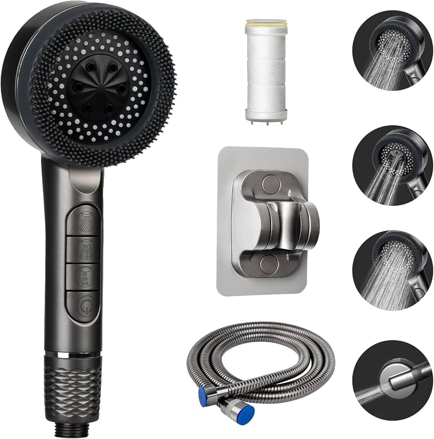 Pommeau de Douche Multifonction Haute Pression – 4 Modes, Filtre Intégré, Flexible et Support Mural, Gris Gunmetal