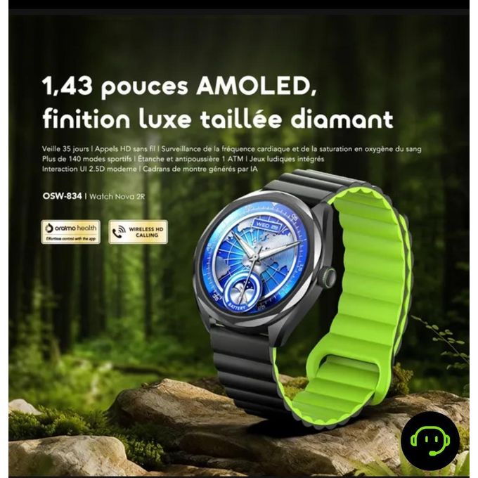 Montre Connectée Ronde Oraimo Watch Nova 2R (OSW-834) – Écran AMOLED 1.43", Finition Luxe Taillée Diamant, Appels HD et Bracelet Supplémentaire