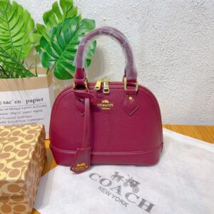 Sac à Main Dôme COACH – Cuir Grainé Bordeaux, Finitions Dorées, avec Housse de Protection et Coffret de Présentation