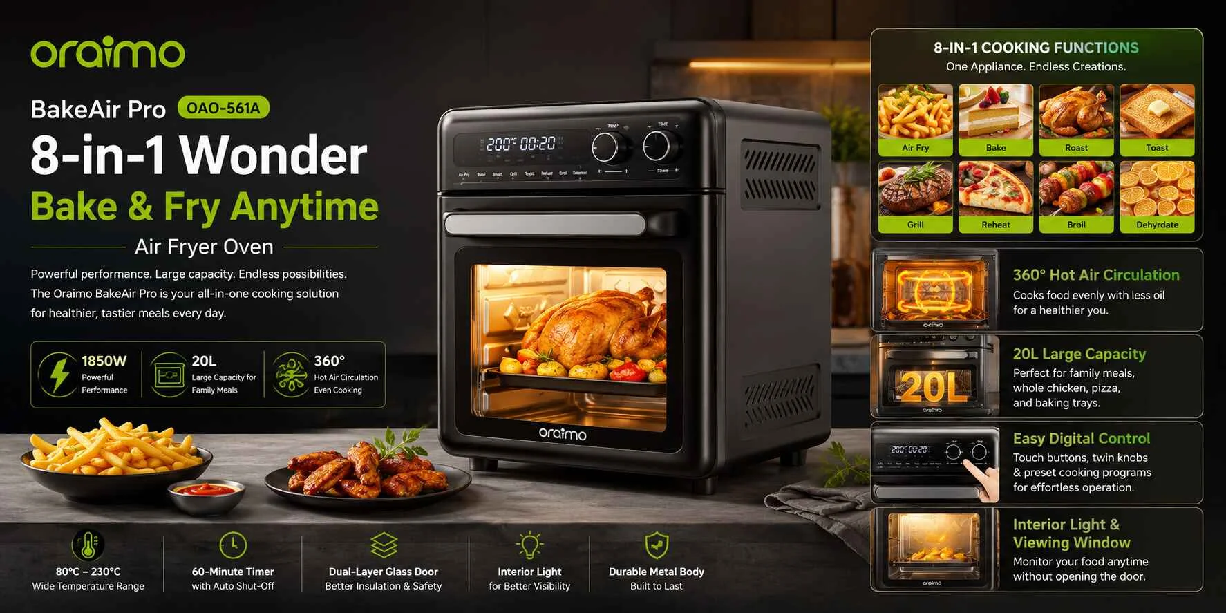 Four Friteuse à Air 8-en-1 Oraimo BakeAir Pro (OAO-561A) – 1850W, Capacité 20L, Circulation d'Air Chaud à 360°, Noir – Image 3