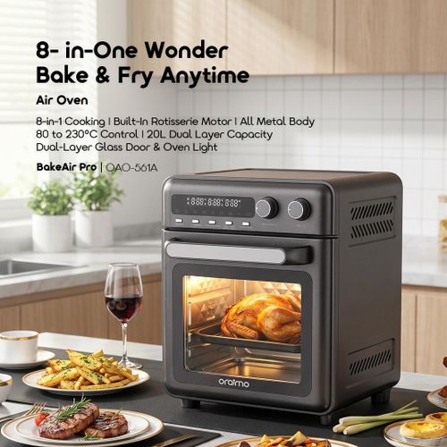 Four Friteuse à Air 8-en-1 Oraimo BakeAir Pro (OAO-561A) – 1850W, Capacité 20L, Circulation d'Air Chaud à 360°, Noir – Image 2