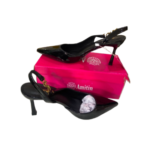Escarpins Slingbacks Vernis Noirs Amitin – Talons Aiguilles, Bout Pointu, Détails Dorés et Boîte de Présentation