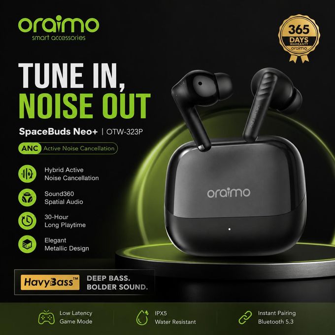 Écouteurs sans Fil Oraimo SpaceBuds Neo+ (OTW-323P) – ANC Hybride, Audio Spatial 360°, Son HavyBass, Autonomie 30H, IPX5, Noir – Image 2