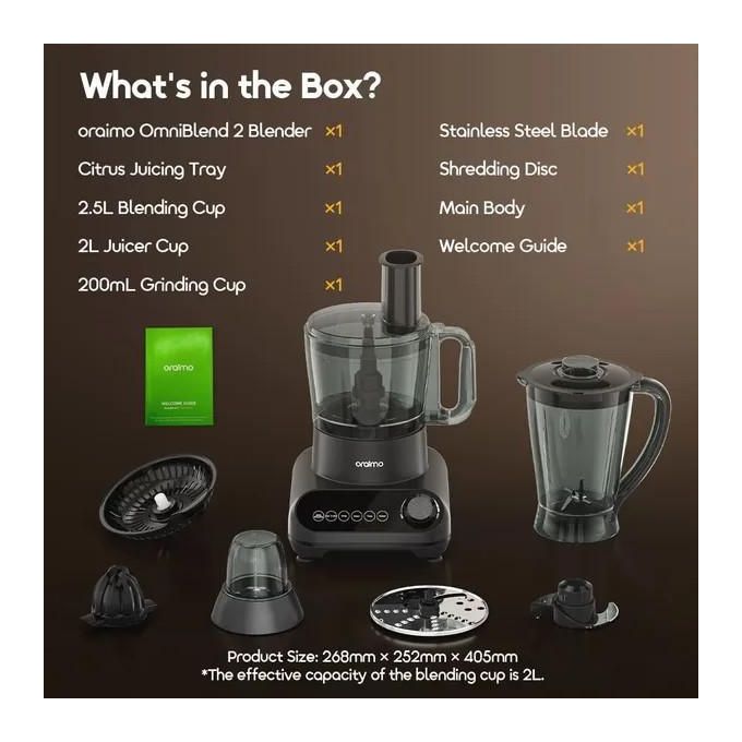 Blender Multifonction 5-en-1 Oraimo OmniBlend 2 (Blending Master) – Kit Complet avec Bol de Mélange 2.5L, Centrifugeuse 2L, Broyeur et Accessoires, Noir – Image 2
