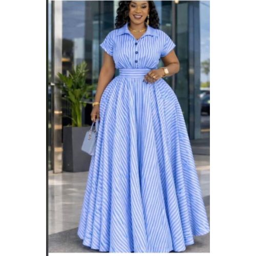 Robe Longue Plissée à Rayures et Col Chemisier – Style Élégant et Fluide, Coloris au Choix (Vert, Bleu, Rose) – Image 3