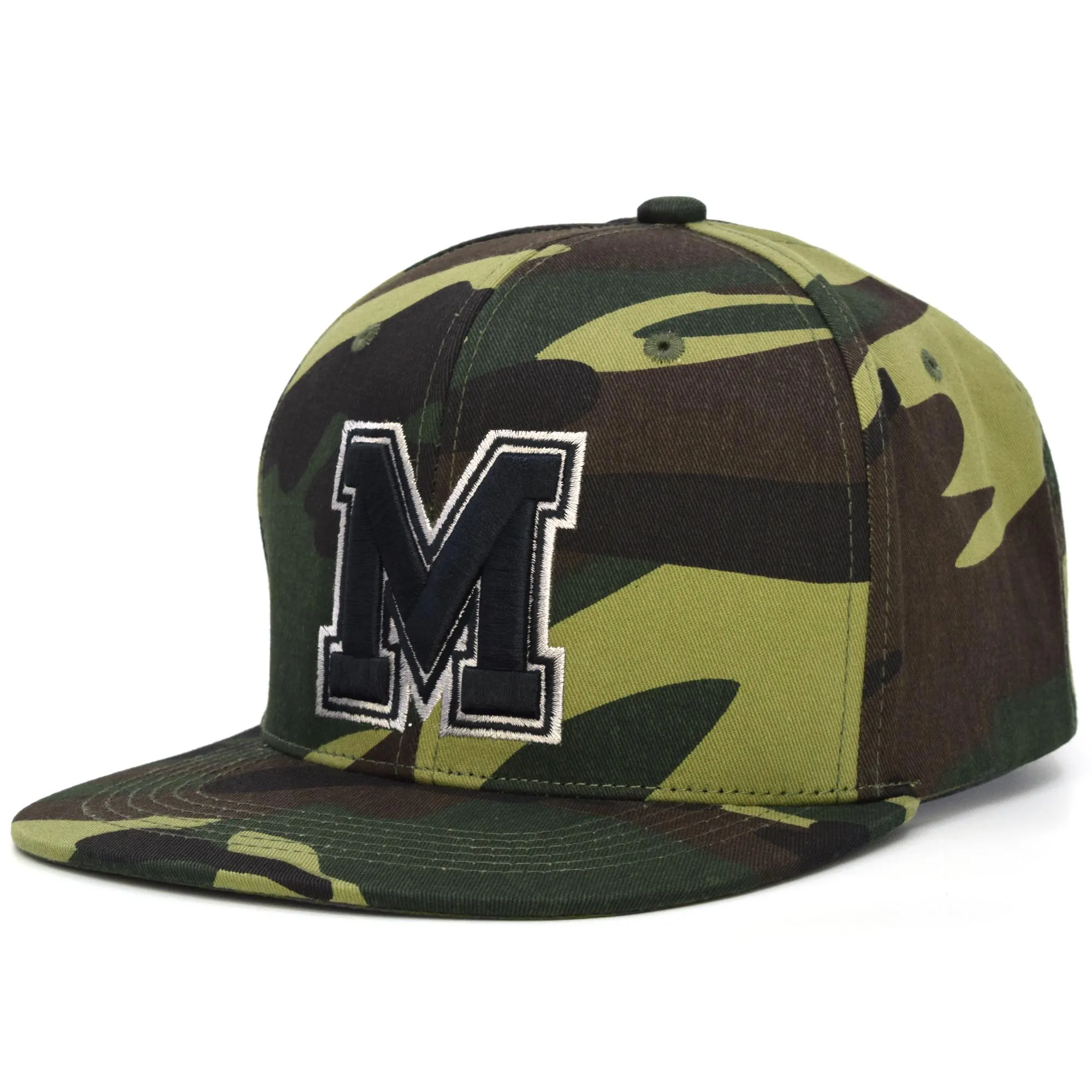 Casquette de Baseball « M » Camouflage Vert à Visière Plate – Style Collège Urbain